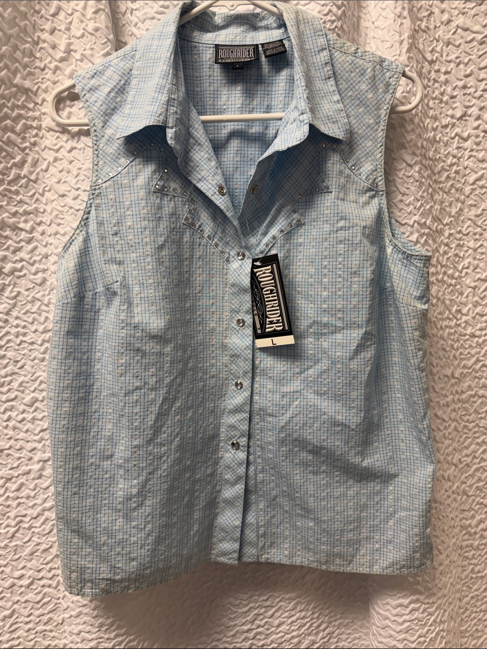 VTG 90s Roughrider by Circle T Blue Plaid Western Sleeveless Top Rhinestone NWT